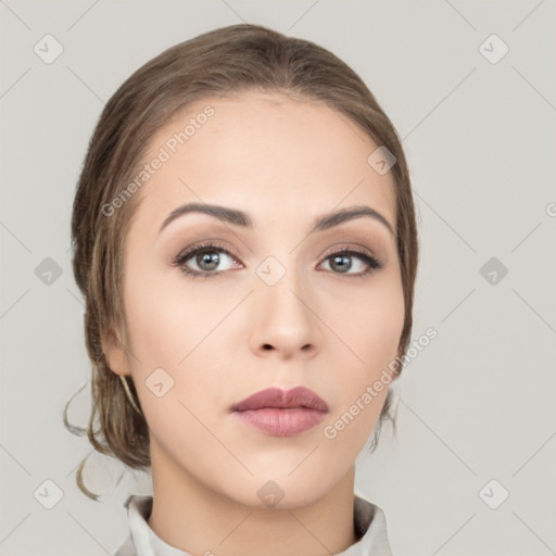 Neutral white young-adult female with medium  brown hair and brown eyes