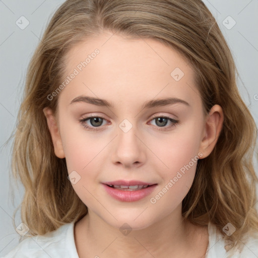 Joyful white child female with medium  brown hair and brown eyes