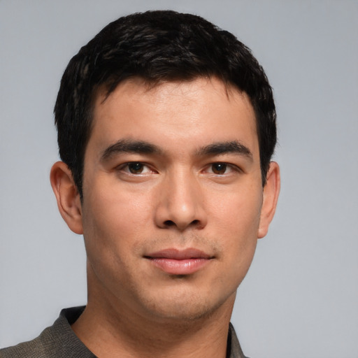 Neutral asian young-adult male with short  black hair and brown eyes