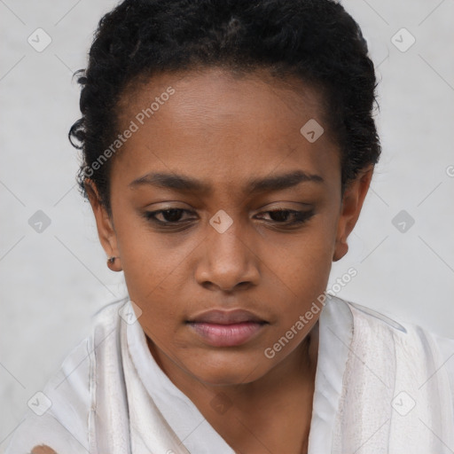 Neutral black young-adult female with short  brown hair and brown eyes