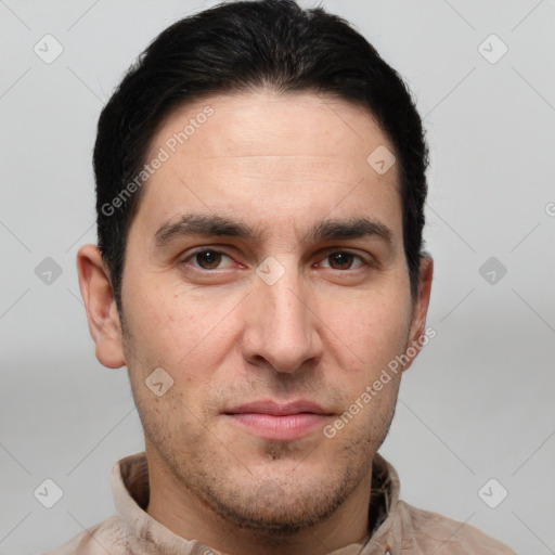 Neutral white adult male with short  brown hair and brown eyes