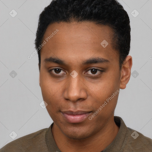 Neutral black young-adult male with short  black hair and brown eyes