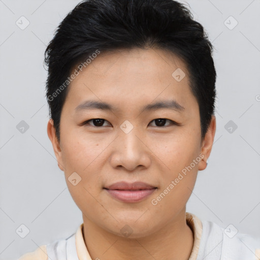 Joyful asian young-adult female with short  brown hair and brown eyes