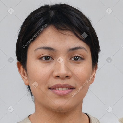 Joyful asian young-adult female with short  brown hair and brown eyes