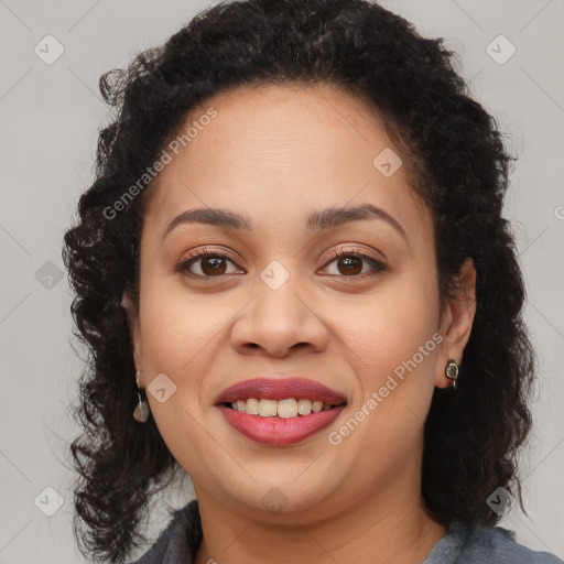 Joyful latino young-adult female with long  brown hair and brown eyes