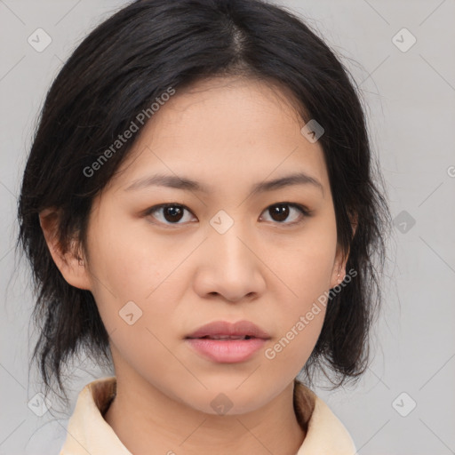 Neutral asian young-adult female with medium  brown hair and brown eyes