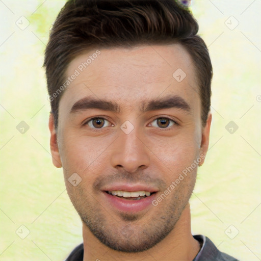 Joyful white young-adult male with short  brown hair and brown eyes