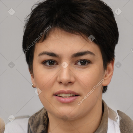 Joyful white young-adult female with medium  brown hair and brown eyes