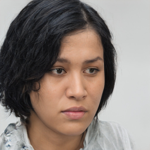 Neutral asian young-adult female with medium  black hair and brown eyes