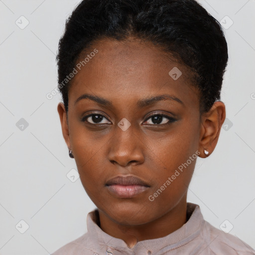 Neutral black young-adult female with short  brown hair and brown eyes