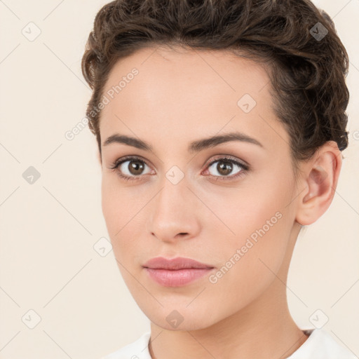 Neutral white young-adult female with short  brown hair and brown eyes