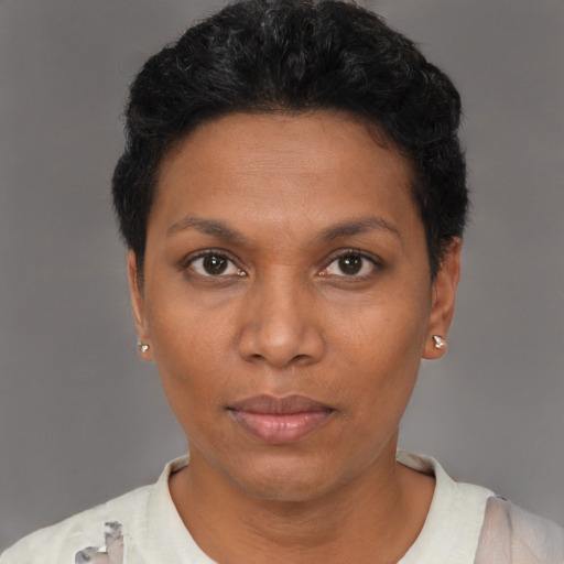 Neutral black adult female with short  brown hair and brown eyes