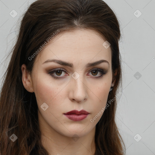 Neutral white young-adult female with long  brown hair and brown eyes