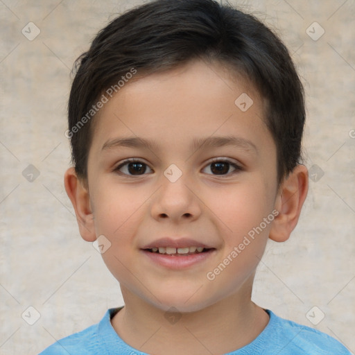 Joyful white child male with short  brown hair and brown eyes