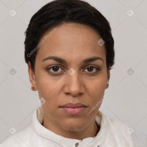 Joyful latino young-adult female with short  brown hair and brown eyes