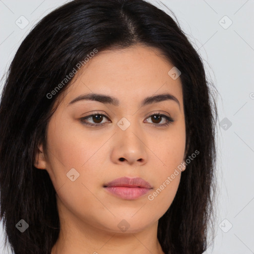 Joyful asian young-adult female with long  brown hair and brown eyes