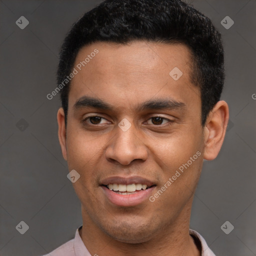 Joyful latino young-adult male with short  black hair and brown eyes