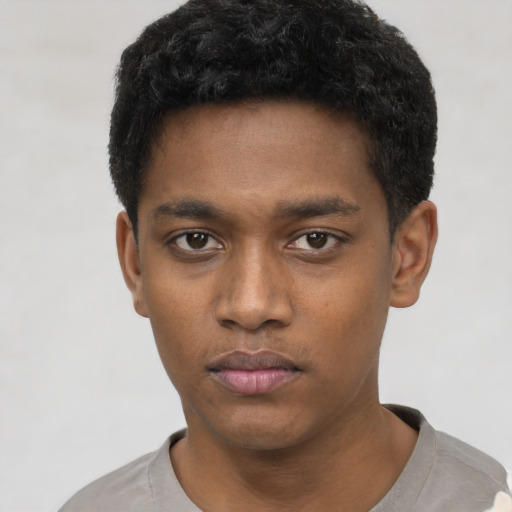 Neutral black young-adult male with short  black hair and brown eyes