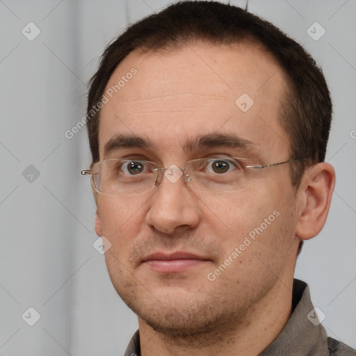 Neutral white adult male with short  brown hair and brown eyes