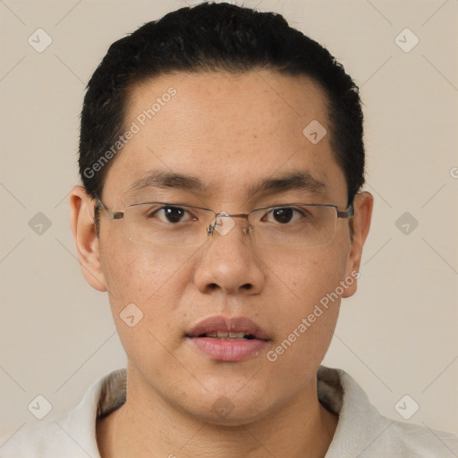 Neutral asian young-adult male with short  black hair and brown eyes