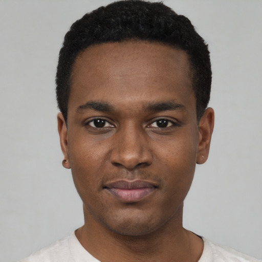 Neutral black young-adult male with short  black hair and brown eyes