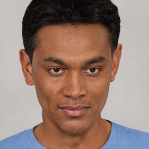 Neutral asian young-adult male with short  black hair and brown eyes