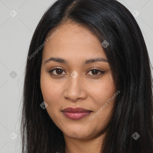 Joyful latino young-adult female with long  black hair and brown eyes