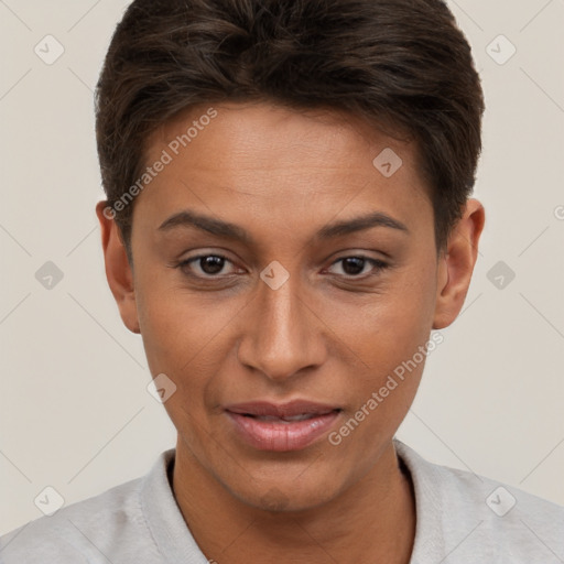 Joyful white young-adult female with short  brown hair and brown eyes