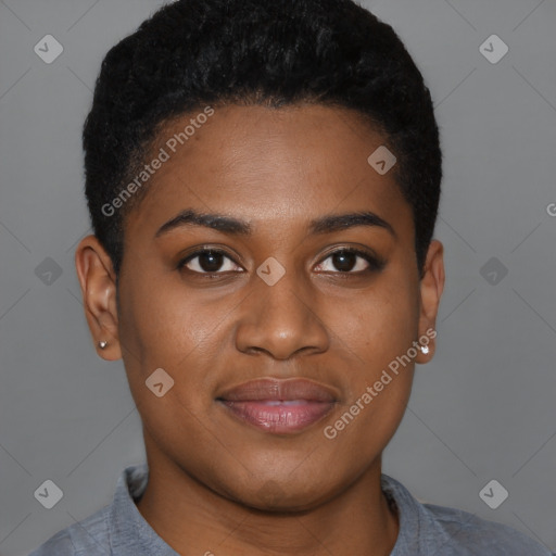 Joyful black young-adult female with short  brown hair and brown eyes