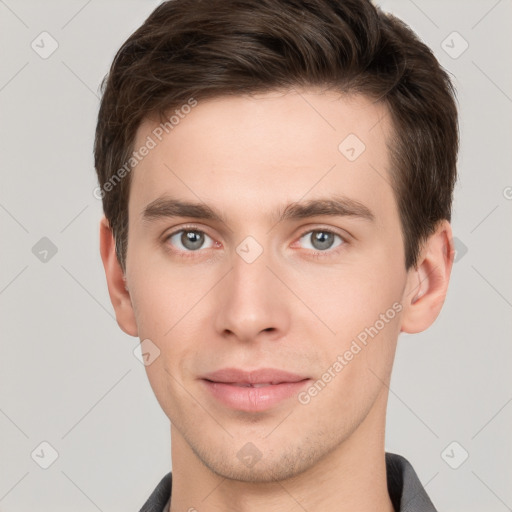 Neutral white young-adult male with short  brown hair and grey eyes