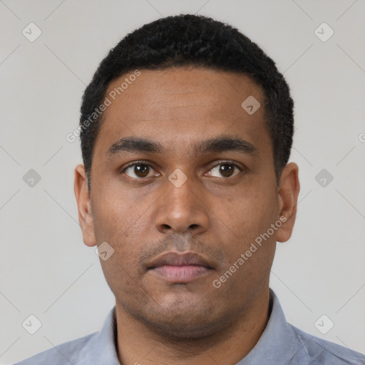 Neutral black young-adult male with short  black hair and brown eyes