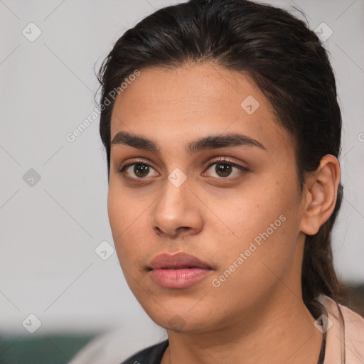 Neutral white young-adult female with short  brown hair and brown eyes