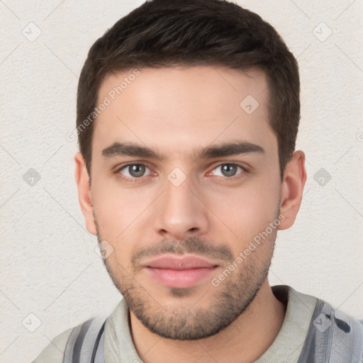 Neutral white young-adult male with short  brown hair and brown eyes