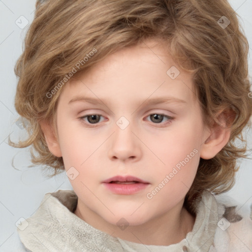 Neutral white child female with medium  brown hair and grey eyes