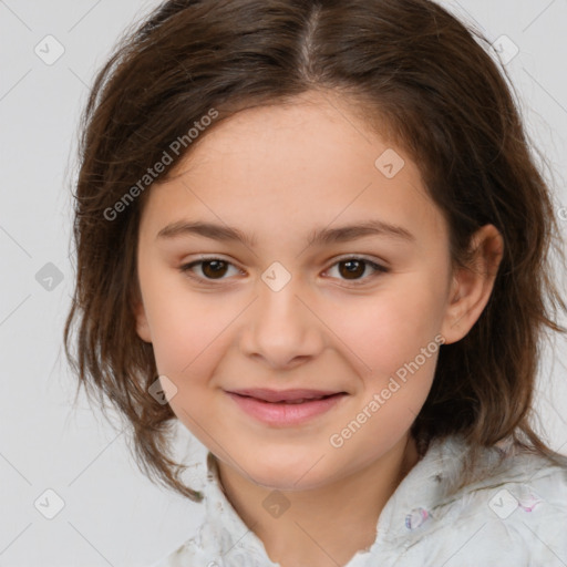 Joyful white child female with medium  brown hair and brown eyes