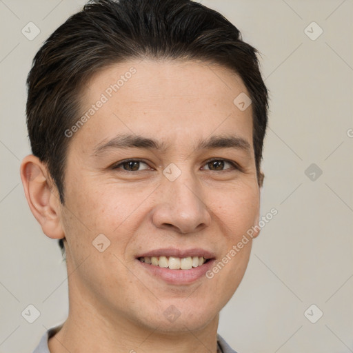 Joyful white adult male with short  brown hair and brown eyes