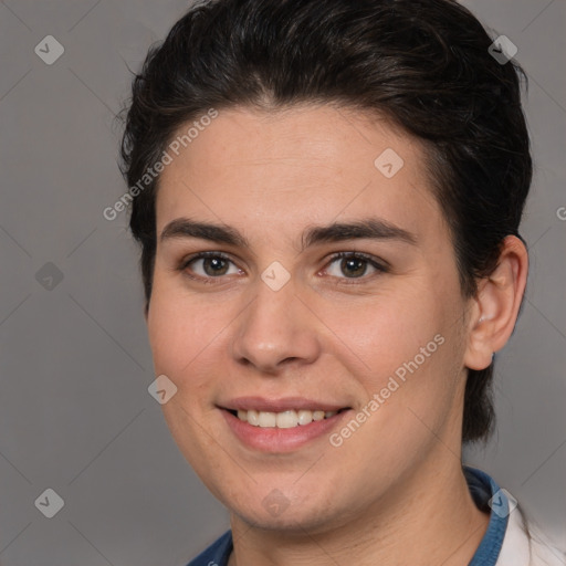 Joyful white young-adult female with medium  brown hair and brown eyes