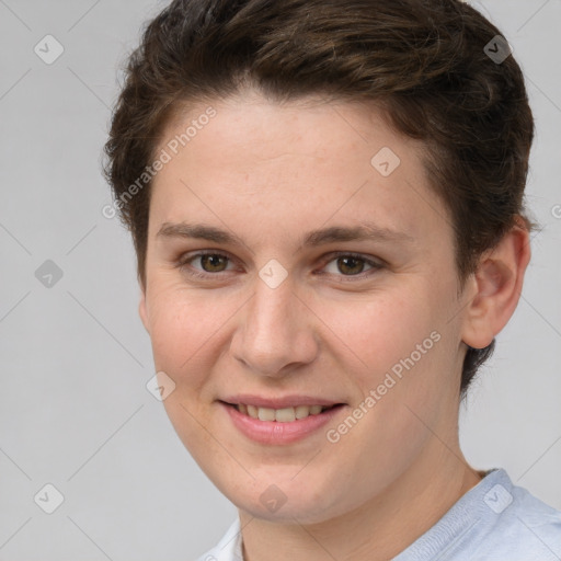 Joyful white young-adult female with short  brown hair and grey eyes