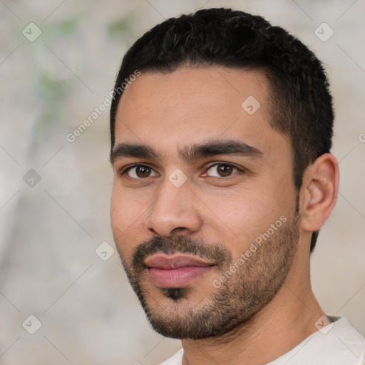 Neutral white young-adult male with short  black hair and brown eyes
