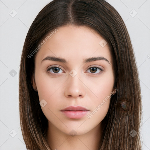 Neutral white young-adult female with long  brown hair and brown eyes