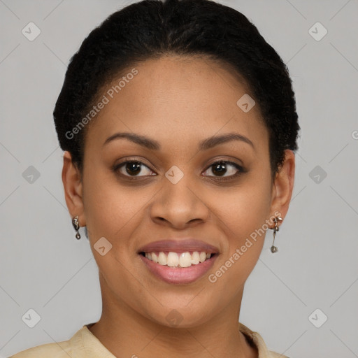 Joyful latino young-adult female with short  brown hair and brown eyes