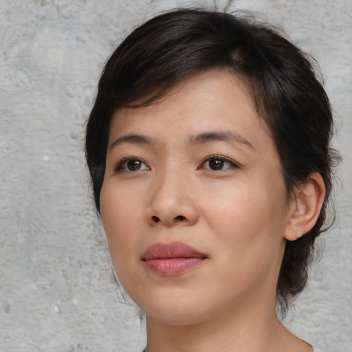 Neutral asian young-adult female with medium  brown hair and brown eyes