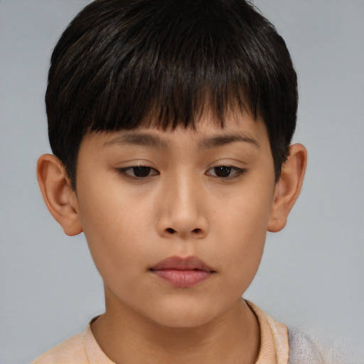 Neutral asian child female with short  brown hair and brown eyes