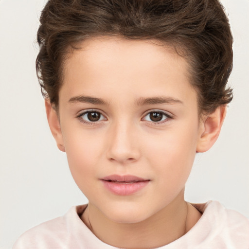 Joyful white child female with short  brown hair and brown eyes