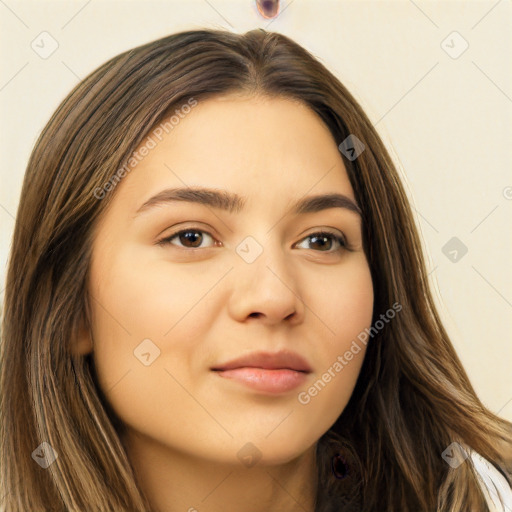 Neutral white young-adult female with long  brown hair and brown eyes