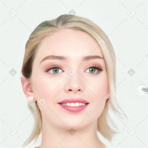 Joyful white young-adult female with medium  brown hair and blue eyes