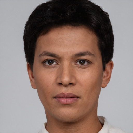 Neutral white young-adult male with short  black hair and brown eyes