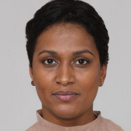 Neutral black young-adult female with short  black hair and brown eyes