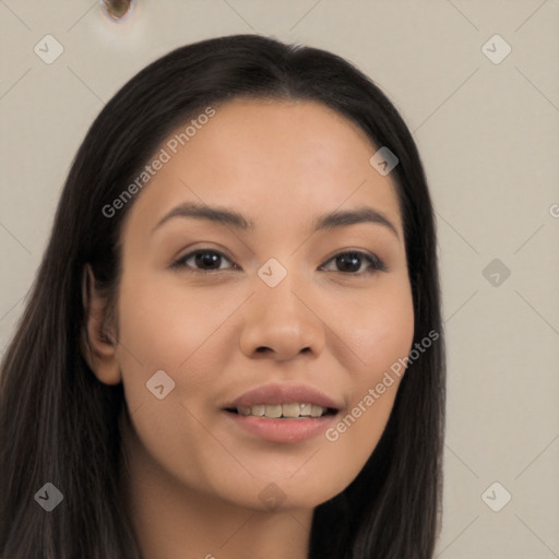 Joyful latino young-adult female with long  black hair and brown eyes