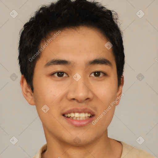 Joyful white young-adult male with short  black hair and brown eyes